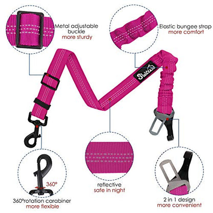 SlowTon Dog Seat Belt, Adjustable Dog Safety Belt Leash, 2 in 1 Latch Bar Attachment Dog Car Seatbelt with Elastic Nylon Bungee Buffer, Reflective Nylon Belt Tether (FU) - color: Fluorescence Pink