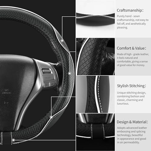 Leather Car Steering Wheel Cover,Anti-Slip, Safety,Soft,Breathable,Heavy Duty,Thick,Full Surround, Sports Style,Universal Car Accessories for Women Men Fit 14" 1/2-15"(Black with White line) - color: Black White Line