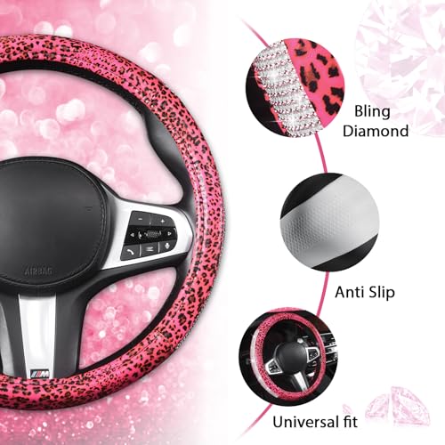 AUTOYOUTH Leopard Print Steering Wheel Cover - Bling Crystal Rhinestones Cheetah Print on PVC Leather Non-Slip Breathable Design for Women/Girls Universal Fit 14.5-15 Inch - Pink - color: PINK