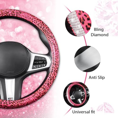 AUTOYOUTH Leopard Print Steering Wheel Cover - Bling Crystal Rhinestones Cheetah Print on PVC Leather Non-Slip Breathable Design for Women/Girls Universal Fit 14.5-15 Inch - Pink - color: PINK