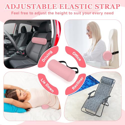 2 Pcs Lumbar Roll Support Pillow Low Back Lumbar Support Office Seat Cushion with Adjustable Strap and Washable Cover for Travel Gaming Chair Car Seat Pain Relief(Pink) - color: Pink