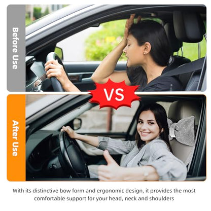 ChuLian 2 PCS Bling Car Pillows, Rhinestones Bowknot Bling Car Headrest Pillow, Car Neck Pillow for Driver Cool Relax Necksupport, White Crystal Diamond Car Accessories for Women