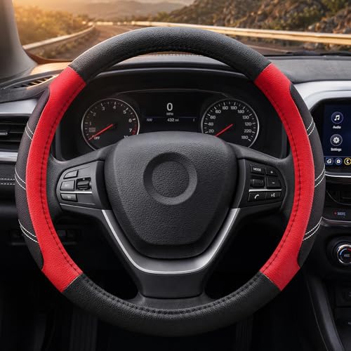 Black and Red Line Punching Car Steering Wheel Cover, Microfiber Leather Sports, 14.5-15 in Universal Leather Wheel Covers, Breathable Fashion Anti-Slip, Steering Wheels Accessories for Men Women - color: Line Punching-Black and Red