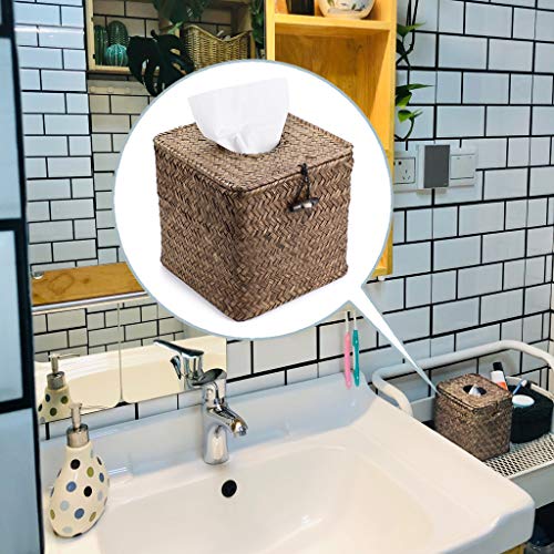 Sumnacon Tissue Box Cover Square Seagrass Tissue Box with Lid, Woven Tissue Box Holder Rustic Cube Tissue Cover for Bathroom Toilet Bedroom Living Room Kitchen Table Desk Office Car, Coffee - color: Coffee