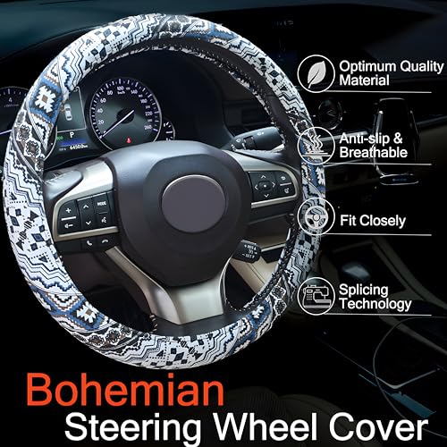 Boho Steering Wheel Cover, Bohemian Cloth Car Steering Wheel for Women Breathable Flax Ethnic Style Steering Wheel Accessories Cover Sweat-Absorbing Anti-Slip Fits 14 1/2-15 Inch - Black - color: Black