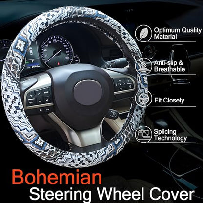 Boho Steering Wheel Cover, Bohemian Cloth Car Steering Wheel for Women Breathable Flax Ethnic Style Steering Wheel Accessories Cover Sweat-Absorbing Anti-Slip Fits 14 1/2-15 Inch - Black - color: Black
