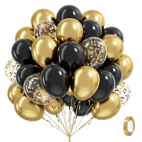 Black and Gold Balloons, 60pcs 12inch Black Metallic Gold Confetti Balloons for Graduation 2025 Anniversary Birthday Party Decorations - color: Black Gold