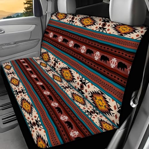 WELLFLYHOM Western Aztec Bear Rear Bench Seat Cover for Cars Truck SUV Universal Car Seat Covers Brown Car Accessories Split Back Seat Backrest Protector Set of 2 - color: Western Aztec Bear