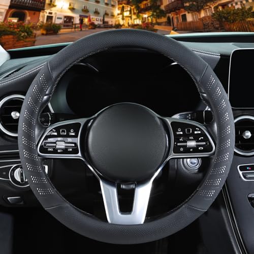 3D Premium Skin-Feel Leather Small Car Steering Wheel Cover, Anti-Slip Breathable Soft Slim Design, 13.5 inch to 14 inch, Black with White - color: Black with White, size: Round-Small[13.5''-14'']