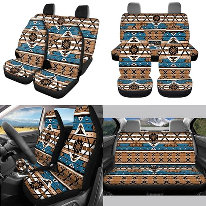 Horeset Aztec Antique Car Seat Cover Full 11 Pcs Set with Etnnic Africa Lanyards Key Chain+Auto Cup Pad+Car Seat Headrest Cover+Gear Shift Knob and Handbrake Cover Universal Fit - color: Aztec Antique Etnnic Africa