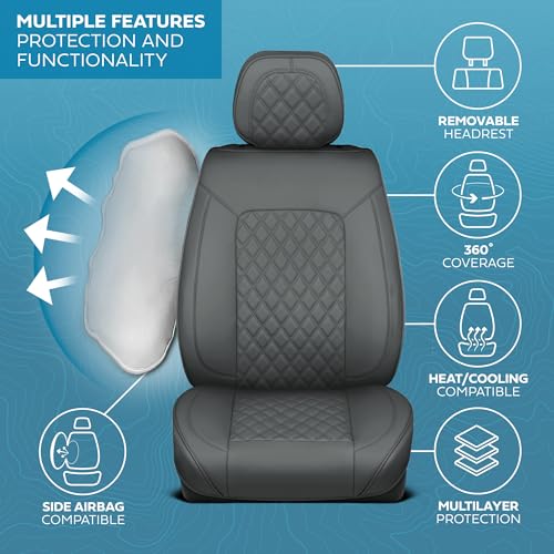 MotorBox Prestige Edition Napa Leather Seat Covers Full Set – Gray Car Seat Covers Front Seats and Back Car Seat Protector, Waterproof and Universal Fit for Most Small to Medium Autos, Trucks & SUVs - color: Charcoal Full Set