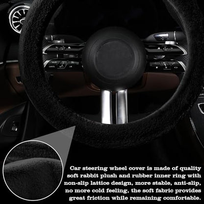 Furry Warm Steering Wheel Cover, Universal 14.5-15 Inch Winter Plush Warm Steering Wheel Cover, Soft Fluffy, Anti-Slip Design, Soft Texture (Black) - color: Black Plush