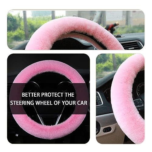 Fuzzy Steering Wheel Cover, 15 inch Soft Wool Fur Steering Wheel Protector, Fluffy Wheel Covers for Winter Warm, Car Interior Decoration Accessories for Women Men (Pink)