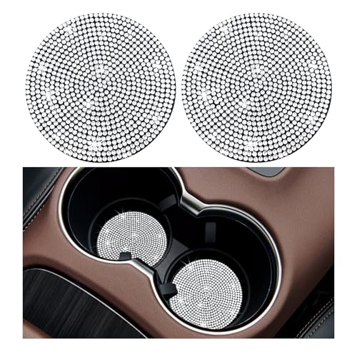 Ziciner 2PCS Bling Car Cup Holder Coaster, 2.73 Inch Anti-Slip Cup Insert Coasters, Crystal Rhinestone Auto Drink Cup Mat, Universal Interior Decor Car Accessories for Women Girls (White) - color: White, size: 2 Coaster+No Button Cover