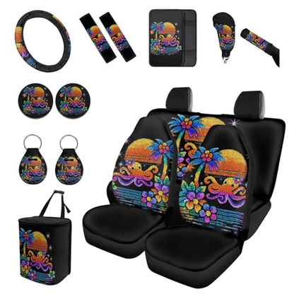 Forchrinse Hawaiian Octopus Car Seat Covers Full Set for Women Men Front Back Seat Cover Steering Wheel Cover Seatbelt Pads Handbrake Gearshift Cover Garbage Can 15Pack Auto Accessories - color: Hawaiian Octopus