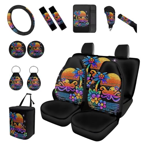 Forchrinse Hawaiian Octopus Car Seat Covers Full Set for Women Men Front Back Seat Cover Steering Wheel Cover Seatbelt Pads Handbrake Gearshift Cover Garbage Can 15Pack Auto Accessories - color: Hawaiian Octopus