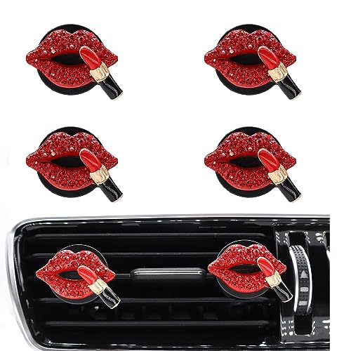 ORIESSE 4pcs Red Car Vent Clips Air Freshener Dazzling Lips Lipstick Girly Car Decor Accessories for Women Bling Car Interior Decorations Refillable Diffuser - color: Red