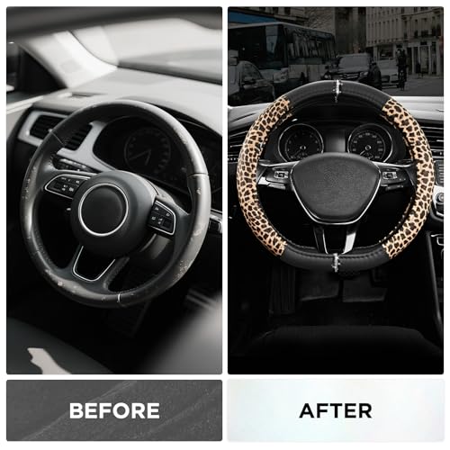 Road Comforts Leopard Steering Wheel Cover for Women, Cute Anti-Slip Microfiber Leather, Fits D Shape Flat Bottom Steering Wheel 14.5-15 Inch - Black - color: D Shape-Black