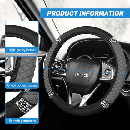 8PCS Car Accessories Set, Bling Leather Car Steering Wheel Cover with Armrest Pad, Seat Belt Cover Pads, Cup Holder Coasters, Gear Shift & Handbrake Covers, Auto Interior Accessories (Gray) - color: Gray