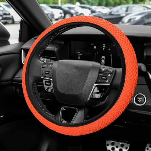 Elastic Stretch Steering Wheel Cover, Steering Wheel Protector, 15 Inch Anti-Slip Breathable Microfiber Ice Silk Protection, Easy Carry, Warm in Winter & Cool in Summer for Cars (Orange) - color: Orange