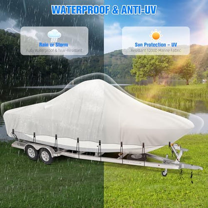Center Console Boat Cover 20-22ft, 1200D Waterproof Boat Cover with Motor Cover, Trailerable Boat Cover for Center Console Boat, Heavy Duty Marine Grade UV Resistant Polyester Fabric, Gray