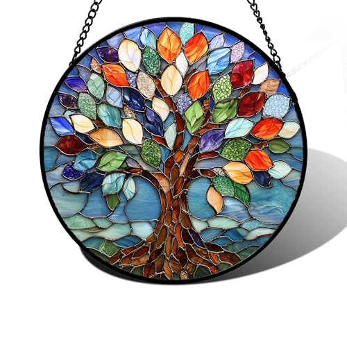 DASTOLL Stained Glass Window Hanging, Colorful Tree of Life Sun Catchers Glass Panel Blue Suncatcher Decor for Birthday for Women, Men, Wife, Aunt, and Mom 11.8x11.8 in - color: Colorful, size: 11.8x11.8 IN