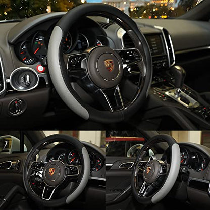 Steering Wheel Cover, Microfiber Leather Splicing with Classic Embossing,Contrasting Colors Anti-Slip Breathable Auto Car Steering Wheel Cover Fit 15 Inch Car Wheel Protector (Black&Gray) - color: Black&Gray