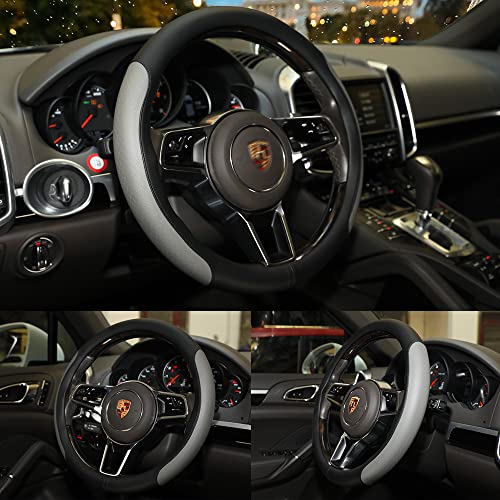 Steering Wheel Cover, Microfiber Leather Splicing with Classic Embossing,Contrasting Colors Anti-Slip Breathable Auto Car Steering Wheel Cover Fit 15 Inch Car Wheel Protector (Black&Gray) - color: Black&Gray