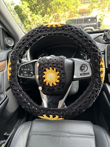 Handmade Crochet Sun Moon Car Steering Wheel Covers Universal 14-15 inch,Cute Steering Wheel Cover,Car Accessories (Black Wheel Cover+2 Belt Cover) - color: Black Wheel Cover+2 Belt Cover