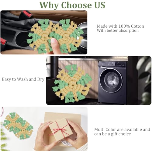 Cotton Car Coasters for Cup Holders, 2 Pack Car Cup Coasters, Drink Coaster Holder Cute Boho Macrame Cupholder Coaster Accessories for Women-3 inch(Yellow Green) - color: Yellow Green