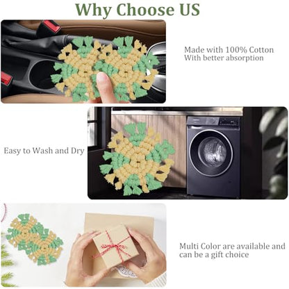 Cotton Car Coasters for Cup Holders, 2 Pack Car Cup Coasters, Drink Coaster Holder Cute Boho Macrame Cupholder Coaster Accessories for Women-3 inch(Yellow Green) - color: Yellow Green