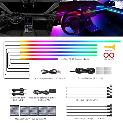 Dreamcolor Acrylic Interior Car LED Strip Light with Wireless APP, Dual Zone RGB 18 in 1 with 175 inches 593 LEDs Fiber Optic Neon Strip Lights for Car, Music Sync Neon Car Ambient Lighting Kits