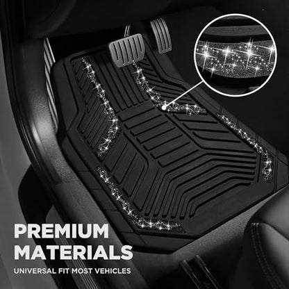 PIC AUTO Car Floor Mats, Black Sparkly Crystal Bling Glitter Car Mats Set, Front and Rear Heavy Duty Rubber Car Mats with Anti-Slip Backing, All Weather, Trim-to-Fit for Automotive SUVs, Sedan, Vans - color: Black Glitter
