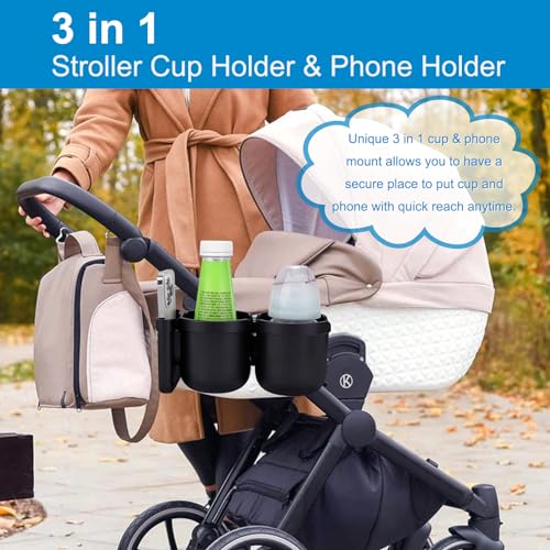 Accmor Stroller Cup Holder with Phone Holder, Bike Cup Holder, Universal Cup Holder for Uppababy Nuna Doona Strollers, 2-in-1 Cup Holder for Walker, Wheelchair, Scooter - color: Double Holder-All Black