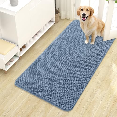 OLANLY Dog Door Mat for Muddy Paws 44x24, Absorbs Moisture and Dirt, Absorbent Non-Slip Washable Doormat, Quick Dry Chenille Mud Mat for Dogs, Entry Indoor Entryway Carpet for Inside Floor, Airy Blue - color: Airy Blue, size: 44" X 24"