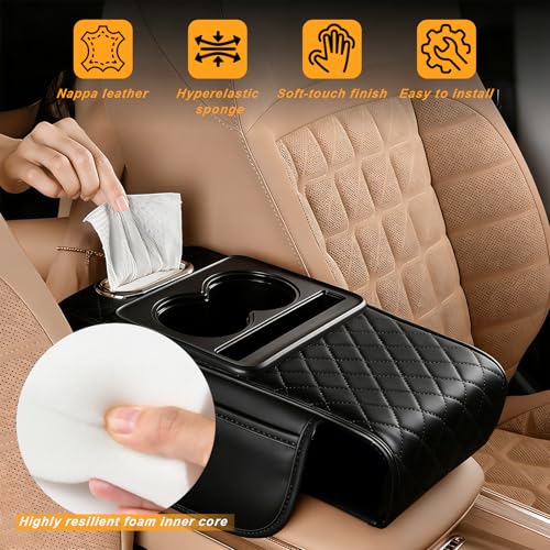 Center Console Cover for Car with Cup Holder and Tissue Box, PU Leather Armrest Storage Box with Phone Pocket, Heightening Car Armrest Cushion for Most SUV, Truck Interior