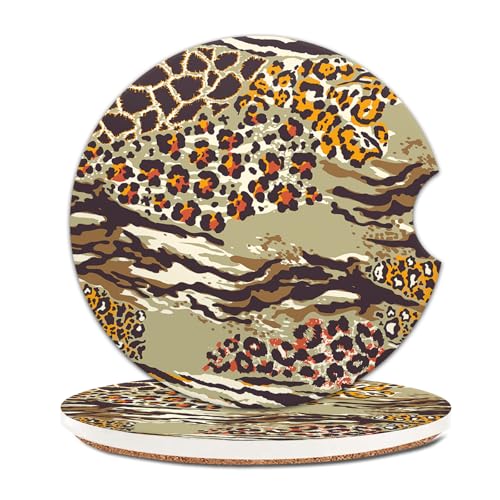 COYEUX Absorbent Car Cup Holder Coaster 2 Pack, Funny Car Accessories Interior, 2.56" Cute Car Coasters with a Finger Notch for Women & Men Camouflage Leopard - color: Camouflage Leopard