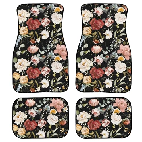 Watercolor Floral Pattern Car Floor Mats Garden Flowers Roses Peonies Leaves Branches Botanical Floor Mats for Cars Universal Vehicle Front Rear Foot Carpet Rugs Fit for Trucks SUV Sedans - color: Red Pink