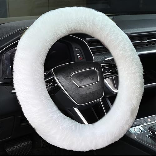 Fluffy Steering Wheel Cover for Women/Girls/Ladies Fuzzy Steering Wheel Cover Winter Warm Faux Wool Plush Car Wheel Cover Furry Steering Wheel Protector Universal Fit 15 Inch (White)