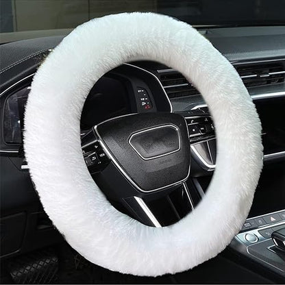 Fluffy Steering Wheel Cover for Women/Girls/Ladies Fuzzy Steering Wheel Cover Winter Warm Faux Wool Plush Car Wheel Cover Furry Steering Wheel Protector Universal Fit 15 Inch (White)