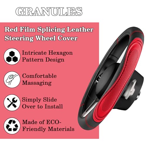 Red Film Splicing Leather Steering Wheel Cover, Microfiber Leather, Anti-Slip, Breathable, Universal Fit for 14.5–15 in Steering Wheel Cover for Men Women - color: Film-Grained - Red