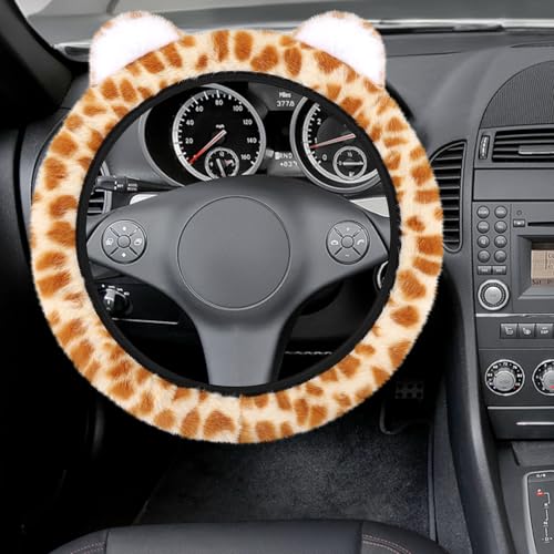 Accmor Fuzzy Leopard Print Car Steering Wheel Cover Women Car Accessories | Soft Furry, Non-Slip, Elastic Steering Wheel Covers, Universal 15 Inch Fit Auto, Suvs, Truck - color: Style B/Orange Leopard, Ear