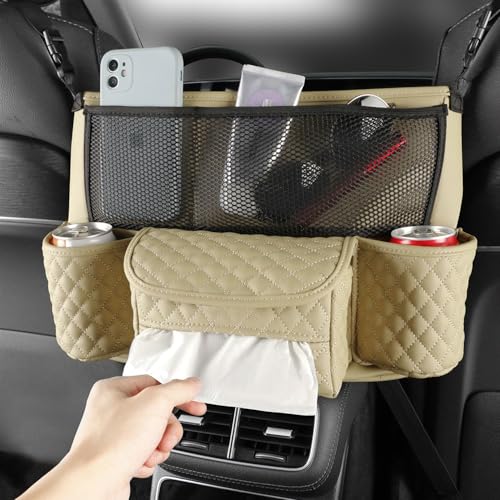 Car Handbag Holder Between Seats Car Organizer, Leather Large Capacity Car Purse Holder for Front Seat, Seat Back Net Bag Double-sided Tissue Storage Handbag Holder Car Accessories (Beige) - color: Beige