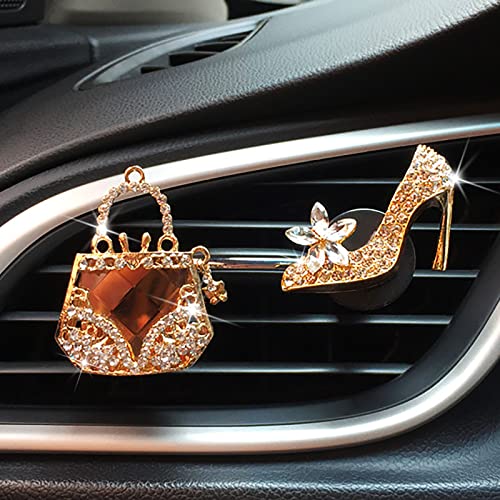 2 Pieces Crystal High Heel Shoe and Magic Bag Air Vent Clips Rhinestone Car Air Freshener Clip Bling Car Clip Gift Decorations Charm Car Inter Air Vent Decor Accessories for Girls Women - color: Golden Crystal High Heel Shoe and Magic Bag