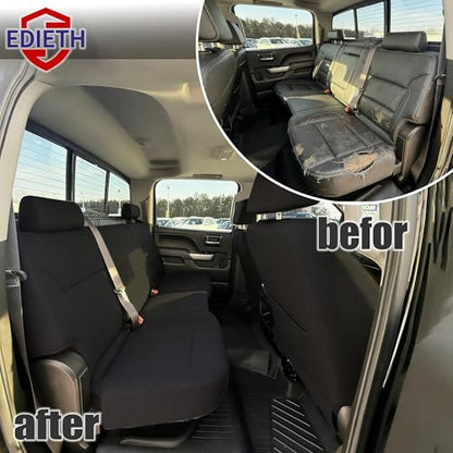 Seat Covers for Chevy Silverado & GMC Sierra 1500 2014 2015 2016 2017 2018 Front & Rear 60/40 Split Bench Full Set Foam Padded Heavy-Duty Automotive Seat Cover Set - Black - size: 14-18 Front and Rear