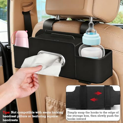 4-in-1 Back Seat Car Organizer, Upgraded Multifunctional Car Storage Box, Hanging Back Seat Storage Organizer, Partition Design, with Phone Holder, Tissue Box, 2 Cup Holders, 2 Hooks