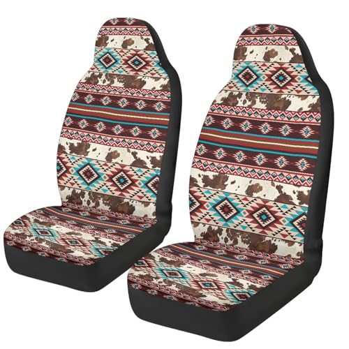 Car Front Seat Covers Stretch Polyester Fabric Cover Universal Aztec Cow Print Car Seat Cover Protection Interior Accessories Universal Fit for Most Vehicles - color: Aztec Cow Print