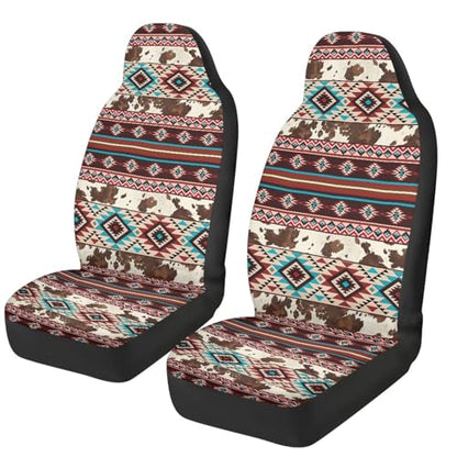 Car Front Seat Covers Stretch Polyester Fabric Cover Universal Aztec Cow Print Car Seat Cover Protection Interior Accessories Universal Fit for Most Vehicles - color: Aztec Cow Print
