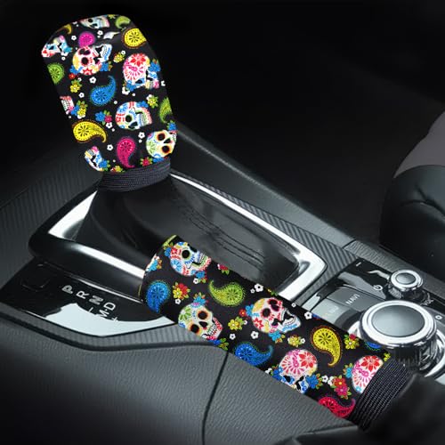 WIRESTER Car Handbrake Cover with Gear Shift Knob Cover Set, Universal Auto Interior Accessories Decoration for All Cars - Colorful Sugar Skulls - color: Colorful Sugar Skulls