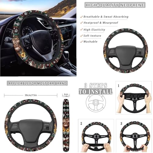 Wanyint Aztec Highland Cow 14-Pack Car Seat Cover Set, Including Steering Wheel, Auto Seatbelt Pads, Cup Coasters, Trash Can, Rear View Mirror Cover, Armrest, Gear Shift Knob - color: Aztec Highland Cow Sunflower